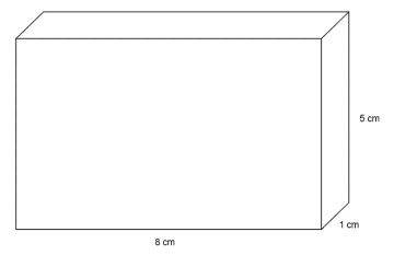 Rett, firkantet prisme med dimensjoner 8 cm, 5 cm og 1 cm.
